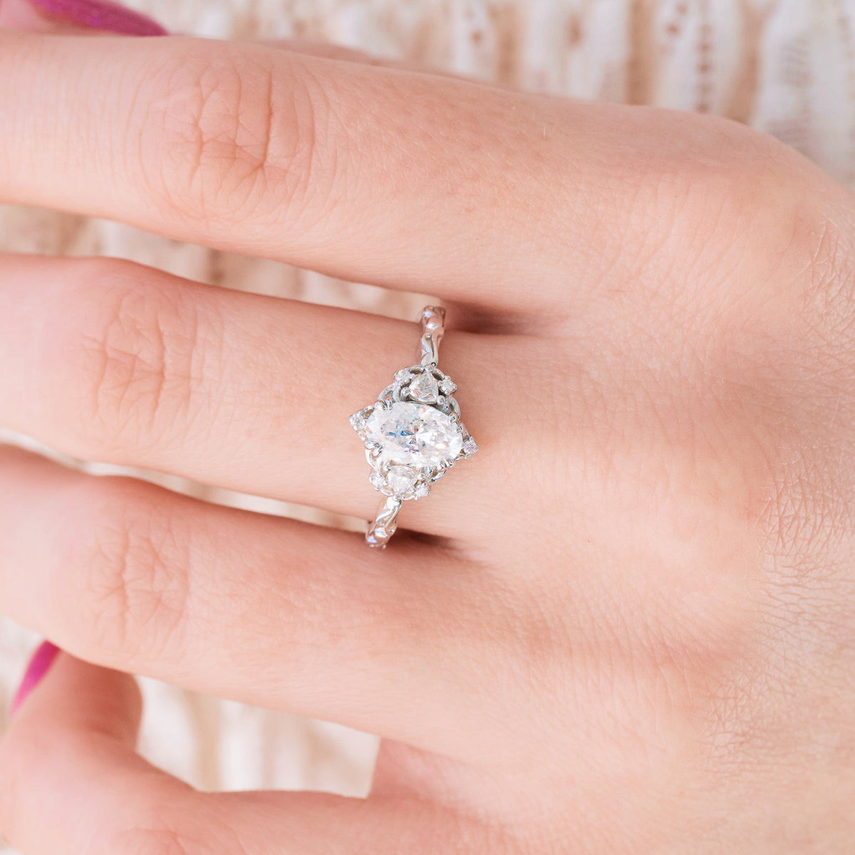 Esme Vintage Oval Moissanite Engagement Ring in 14K White Gold