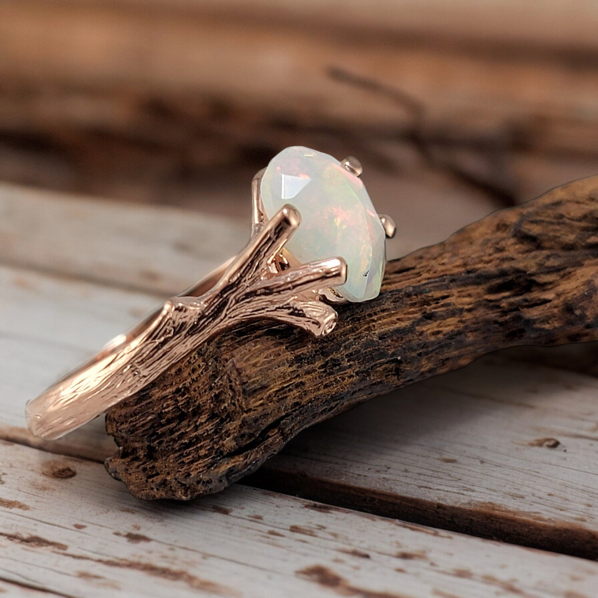 Ethiopian Rose Cut Opal Twig Engagement Ring in 14k Rose Gold