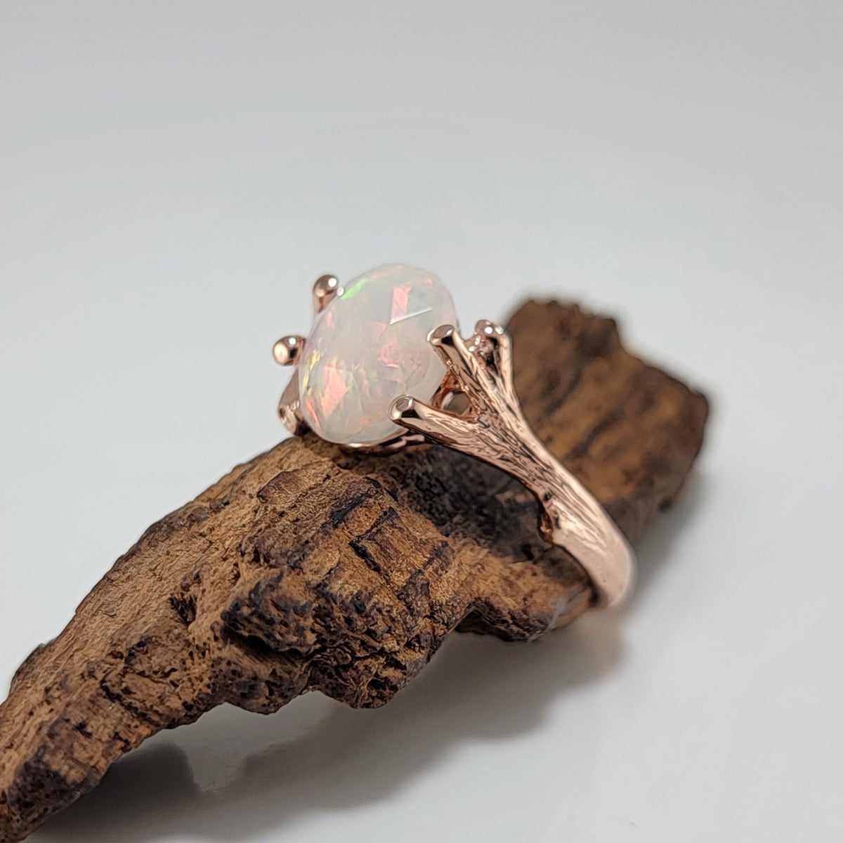 Ethiopian Rose Cut Opal Twig Engagement Ring in 14k Rose Gold
