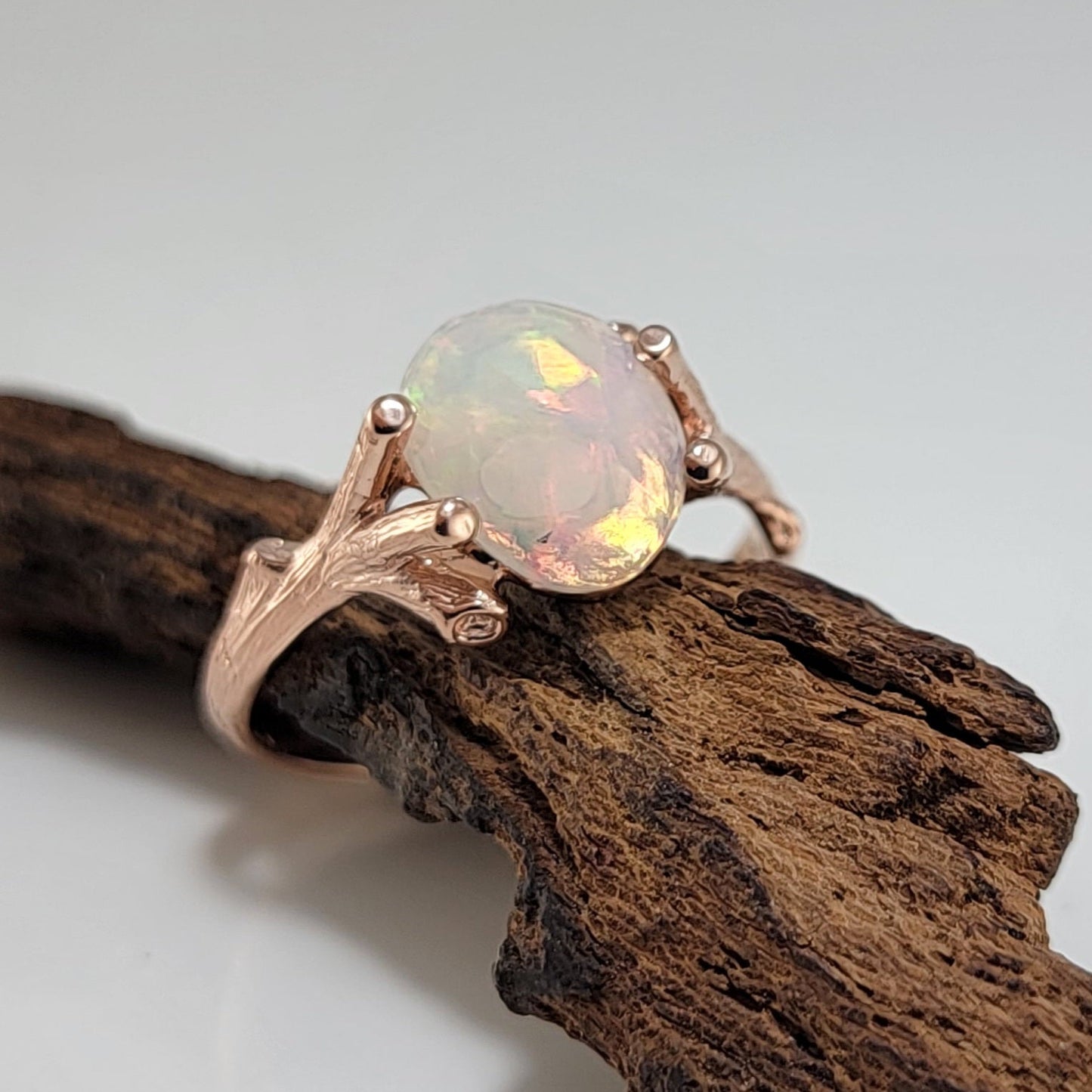 Ethiopian Rose Cut Opal Twig Engagement Ring in 14k Rose Gold