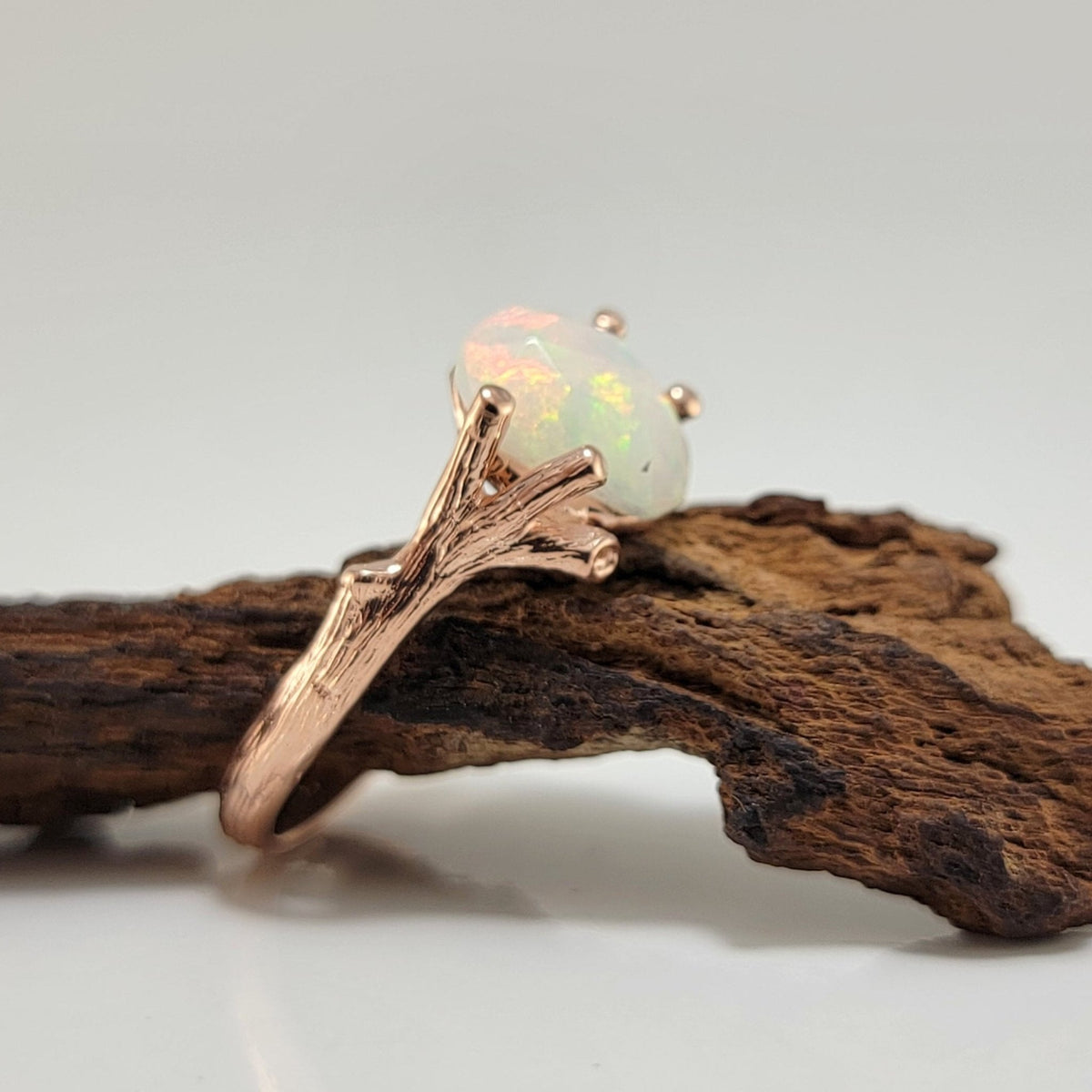 Ethiopian Rose Cut Opal Twig Engagement Ring in 14k Rose Gold