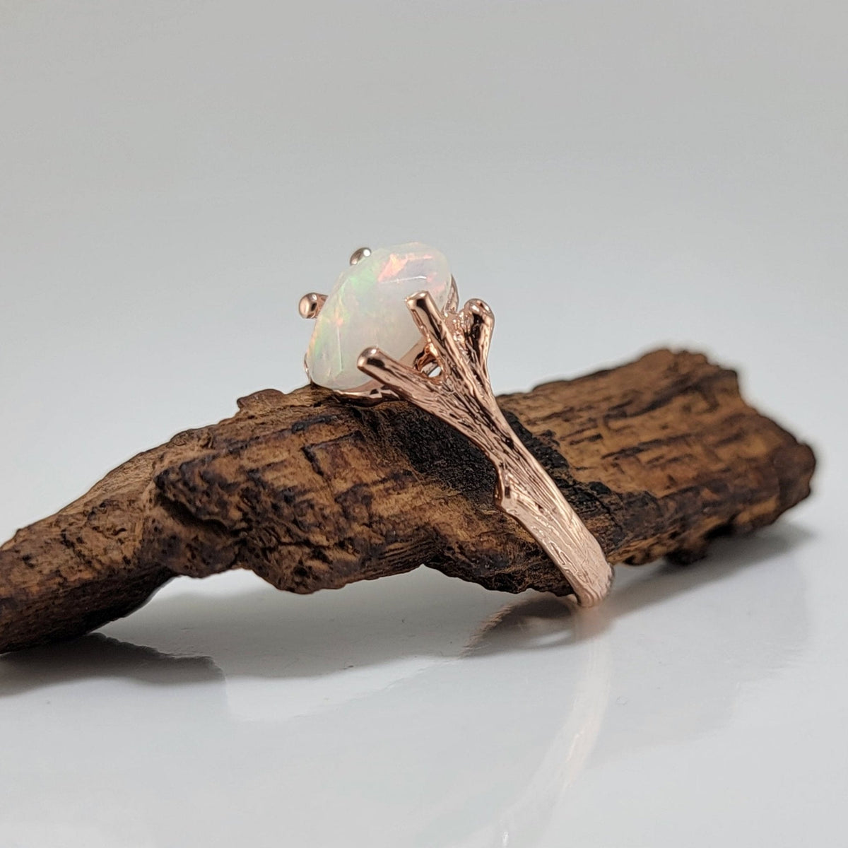 Ethiopian Rose Cut Opal Twig Engagement Ring in 14k Rose Gold