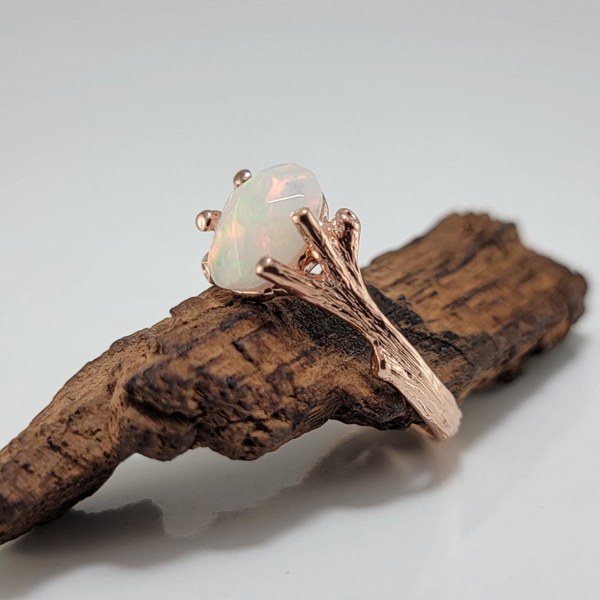 Ethiopian Rose Cut Opal Twig Engagement Ring in 14k Rose Gold