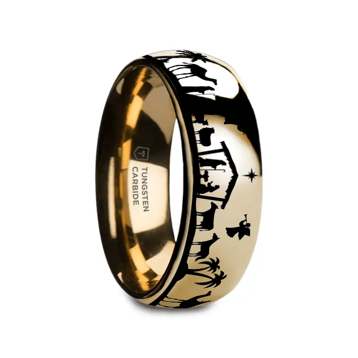 EVE | Gold Tungsten Nativity Scene Wedding Band, Domed Profile