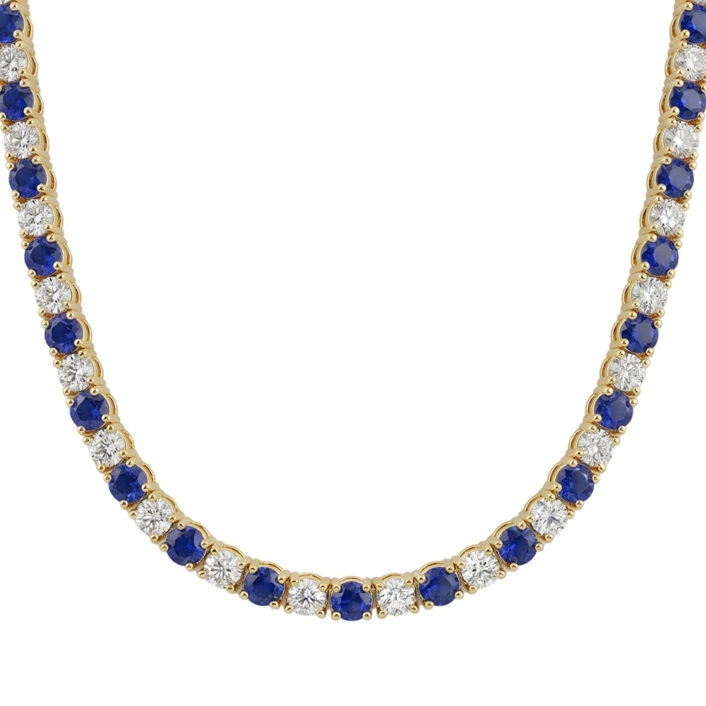 30Ct Blue Sapphire & Diamond Tennis Necklace 14k Gold 16.5" Lab Grown