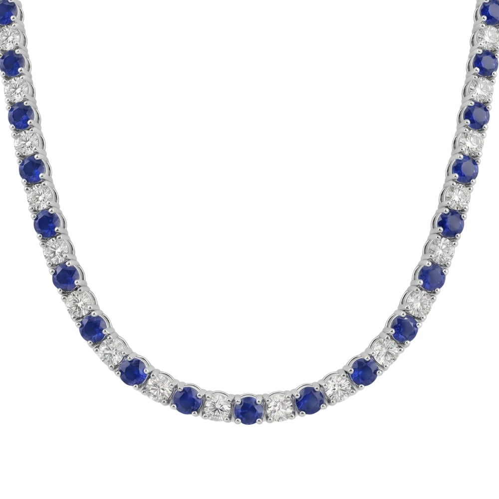30Ct Blue Sapphire & Diamond Tennis Necklace 14k Gold 16.5" Lab Grown