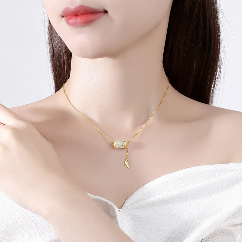 Fortune Jewel 925 Sterling Silver 22K Gold Hetian White Jade Bamboo Leaf Luck Necklace Pendant Bracelet