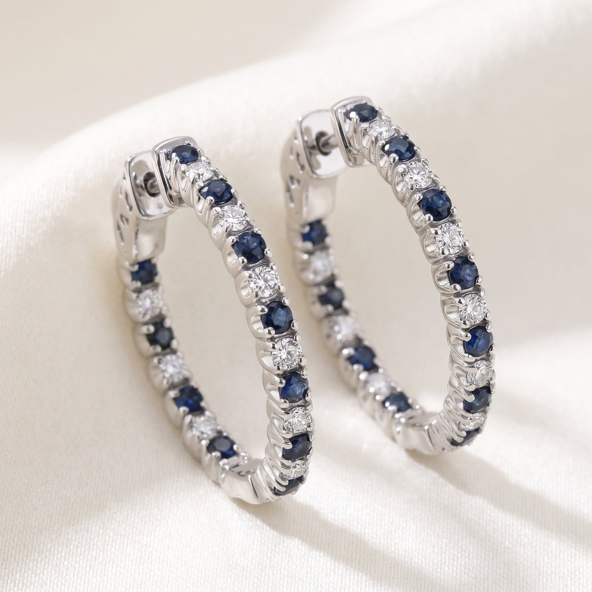 1 1/3Ct Diamond & Blue Sapphire Inside Outside Hoops Lab Grown