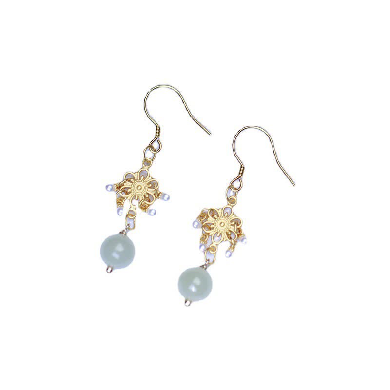Fortune Jewel Hetian Jade Flower Pattern 14K Gold Plated Luck Drop Dangle Earrings