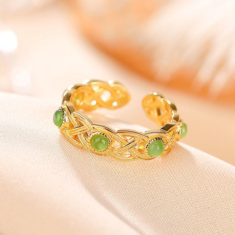 Fortune Jewel 925 Sterling Silver Plated Gold Cyan Jade Braided Design Success Luck Adjustable Ring