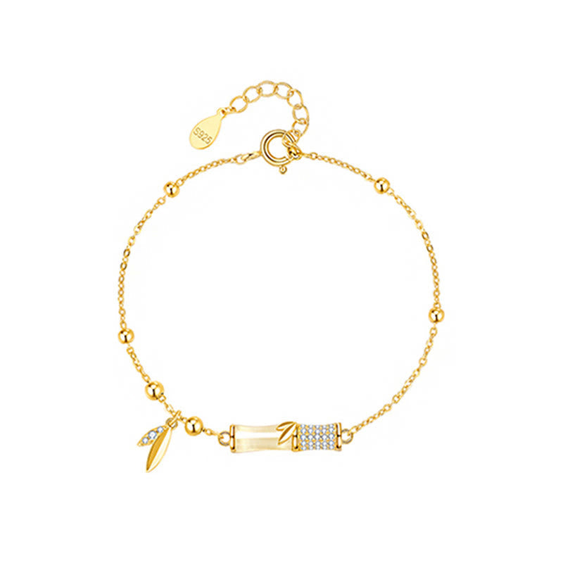 Fortune Jewel 925 Sterling Silver 18K Gold Plated White Jade Bamboo Zircon Leaf Luck Bracelet