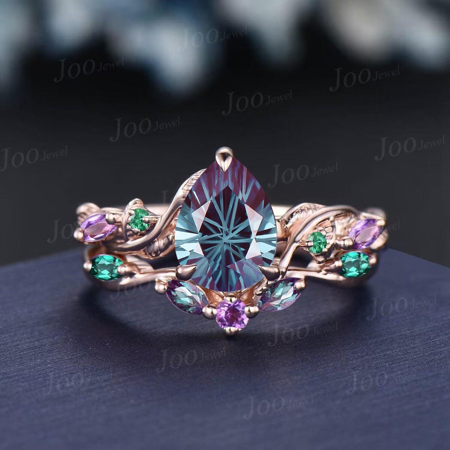 1.25CT Fireworks Cut Color-Change Alexandrite Black Gold Wedding Ring Set Pear Cut Engagement Rings Twig Vine Emerald Amethyst Bridal Set