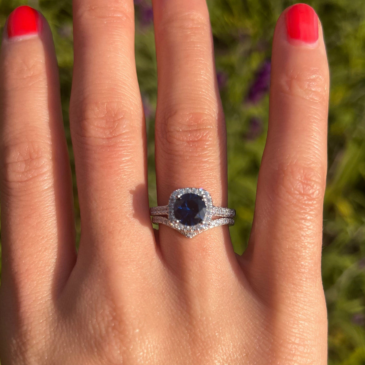 Royal Blue Cushion Cut Halo Bridal Set With V-Shape Band