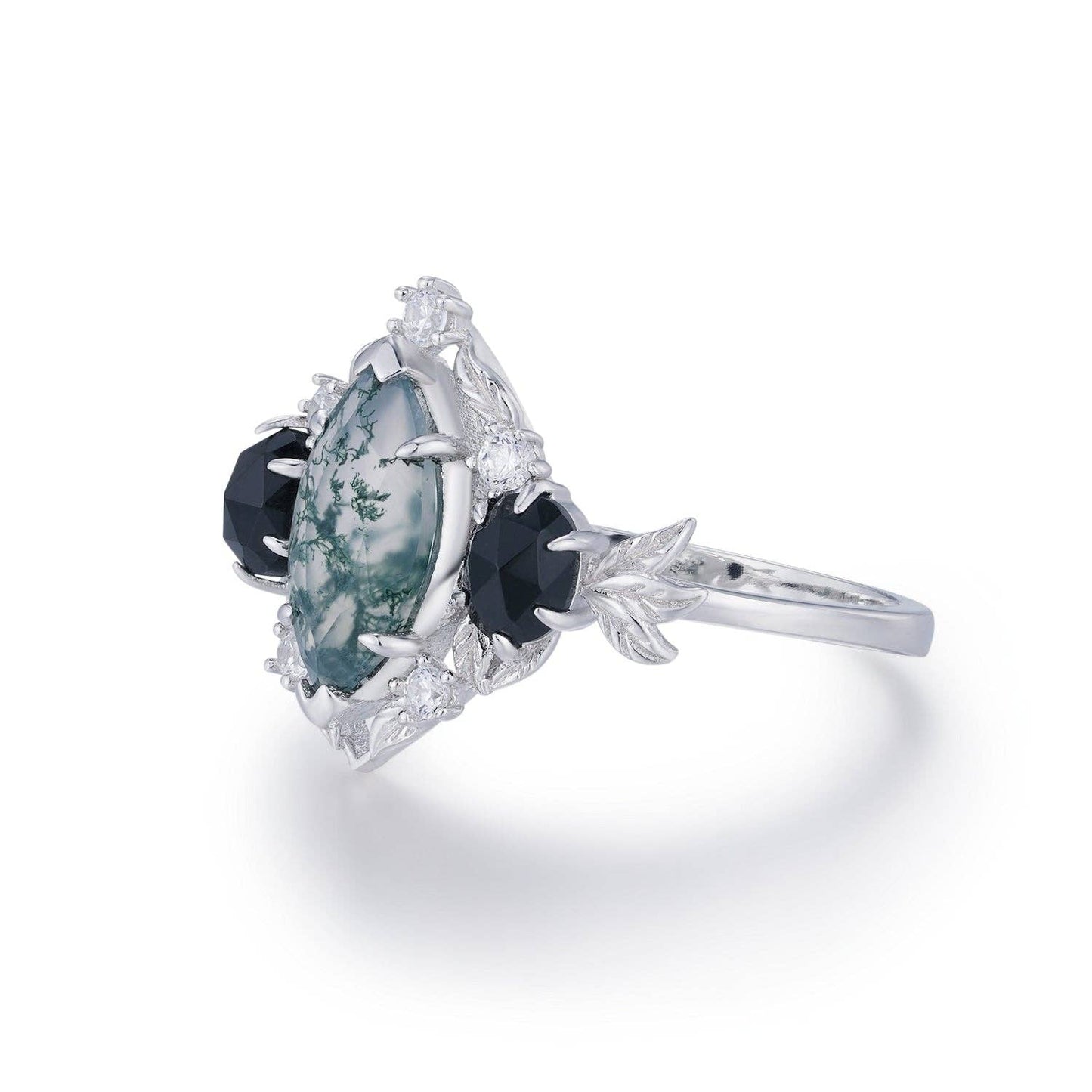 Noctis Moss Agate Black Onyx Ring©: White Gold Vermeil size T1/2