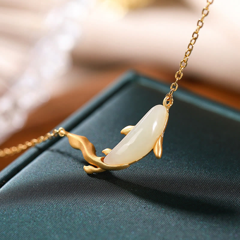 Fortune Jewel 925 Sterling Silver White Jade Dolphin Luck Necklace Pendant
