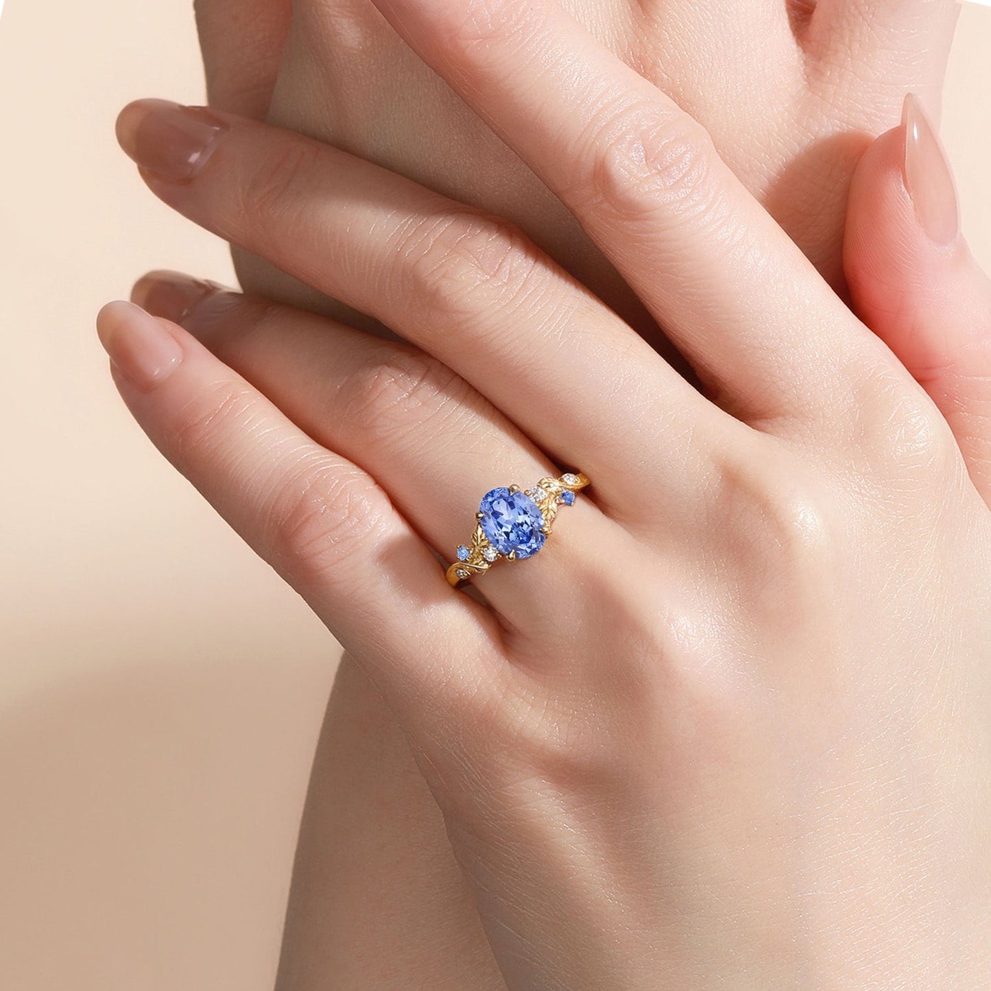 Oval Cut Lab Cornflower Sapphire Cluster Engagement Ring - Odette