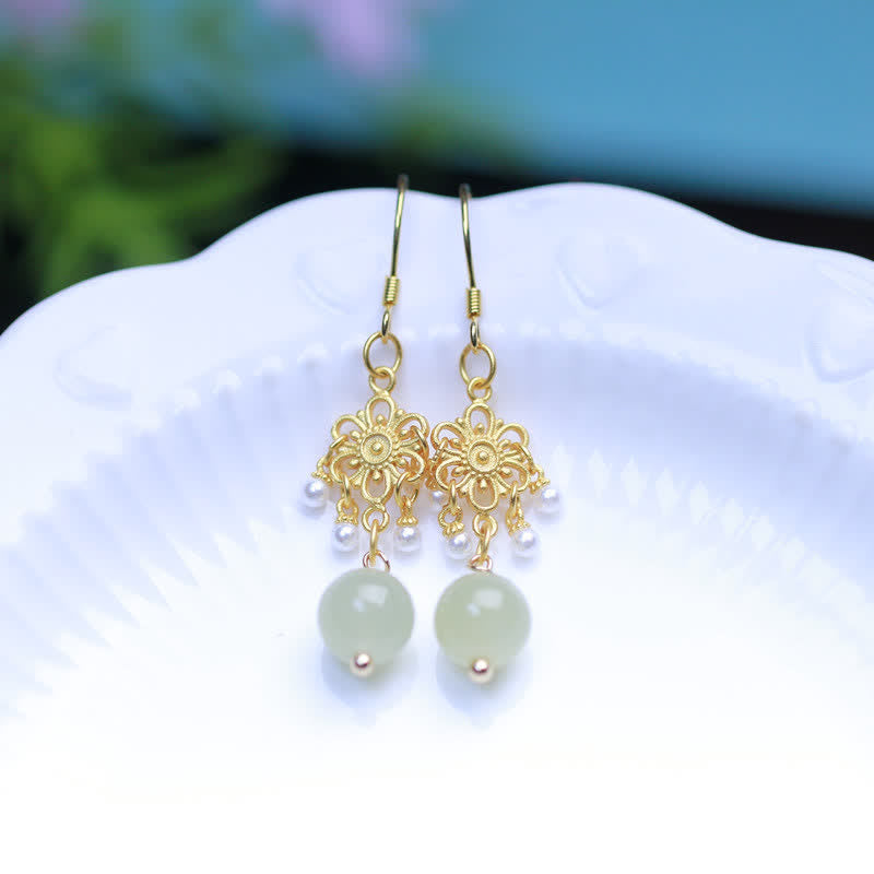 Fortune Jewel Hetian Jade Flower Pattern 14K Gold Plated Luck Drop Dangle Earrings
