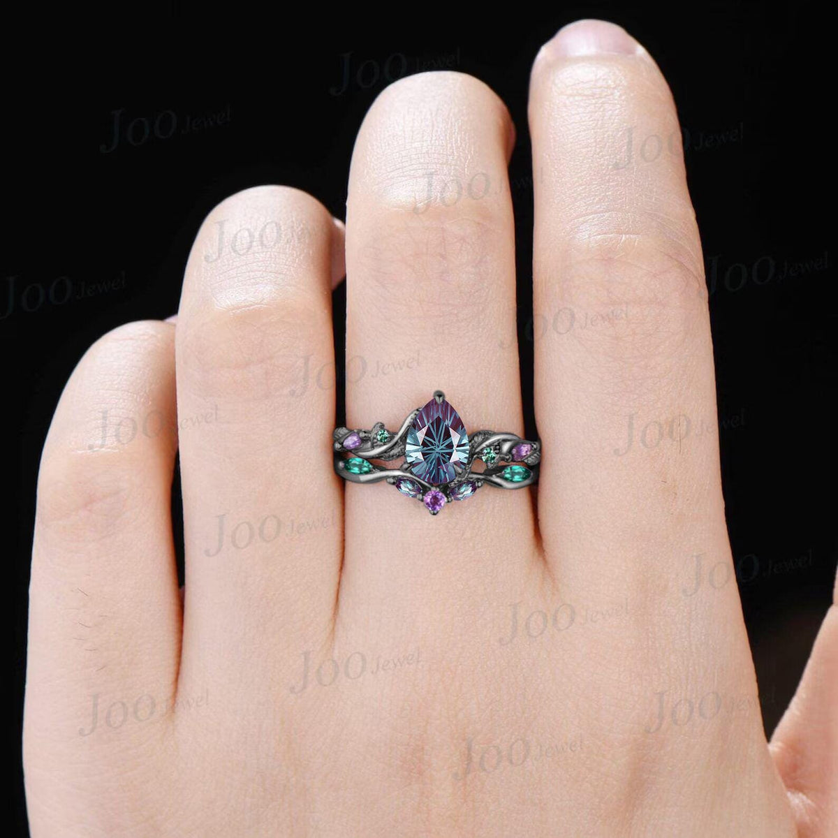 1.25CT Fireworks Cut Color-Change Alexandrite Black Gold Wedding Ring Set Pear Cut Engagement Rings Twig Vine Emerald Amethyst Bridal Set