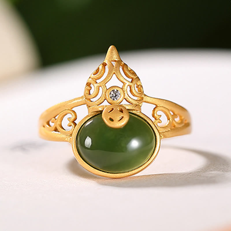 Fortune Jewel Gourd Cyan Jade Copper Coin Success Luck Adjustable Ring