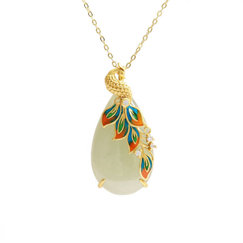 Fortune Jewel White Jade Peacock Protection Necklace Chain Pendant