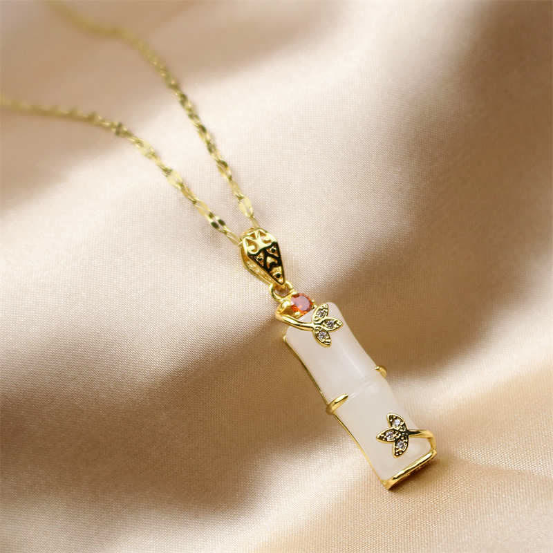 Fortune Jewel White Jade Cyan Jade Bamboo Luck Protection Necklace Pendant