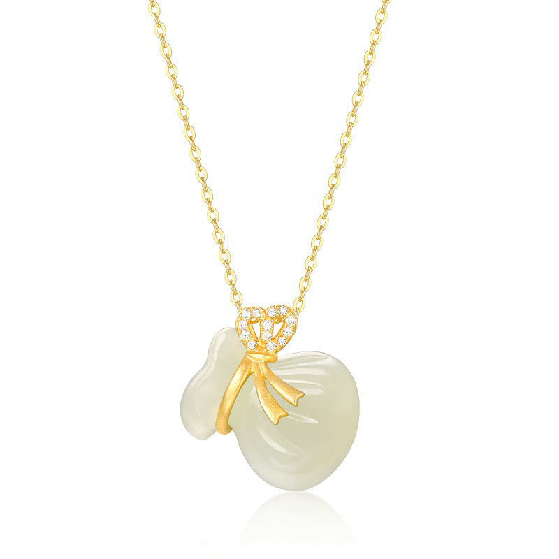 Fortune Jewel Natural Hetian White Jade Luck Money Bag Necklace Pendant
