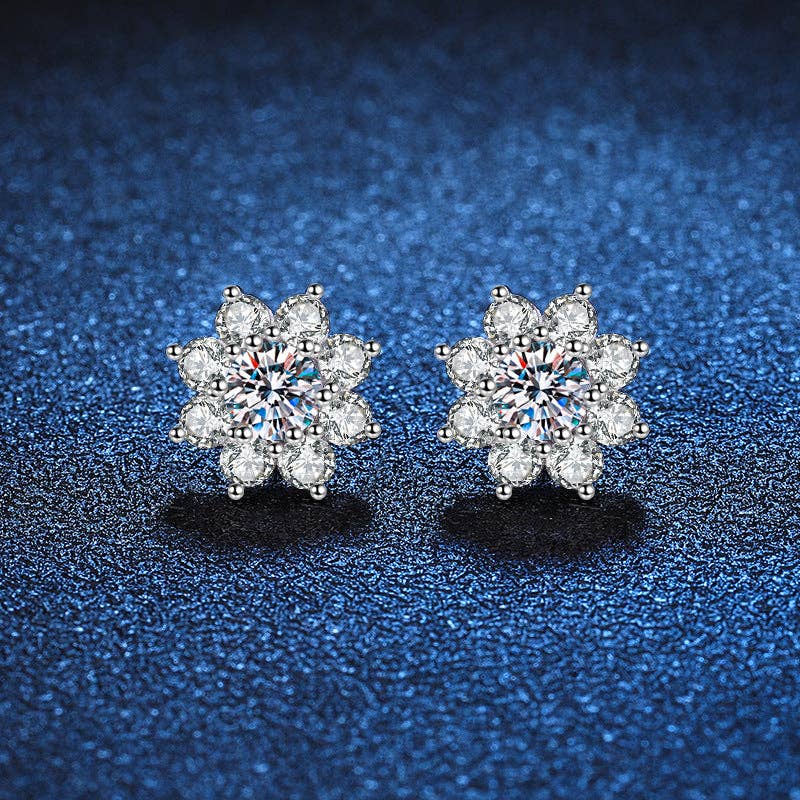 Moissanite Sunflower Stud Earrings in 925 Sterling Silver: 0.6 ct