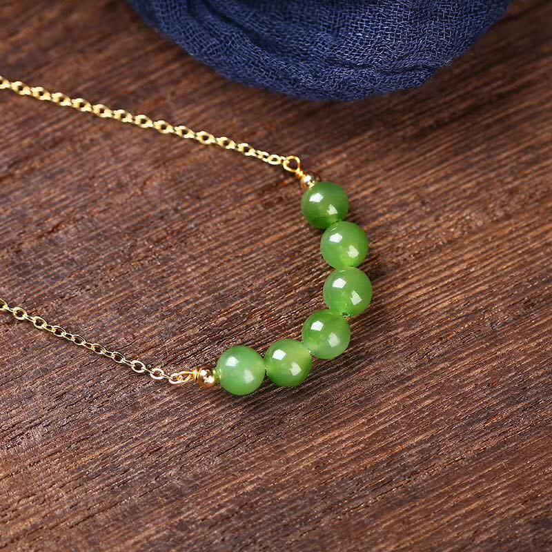 Fortune Jewel 14k Gold Plated Hetian Cyan Jade Beaded Luck Necklace Pendant
