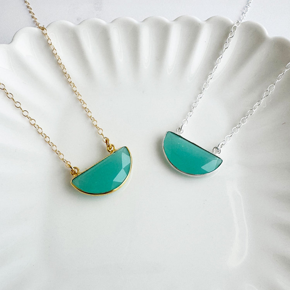Small Half Moon Crescent Necklace - Aqua Chalcedony
