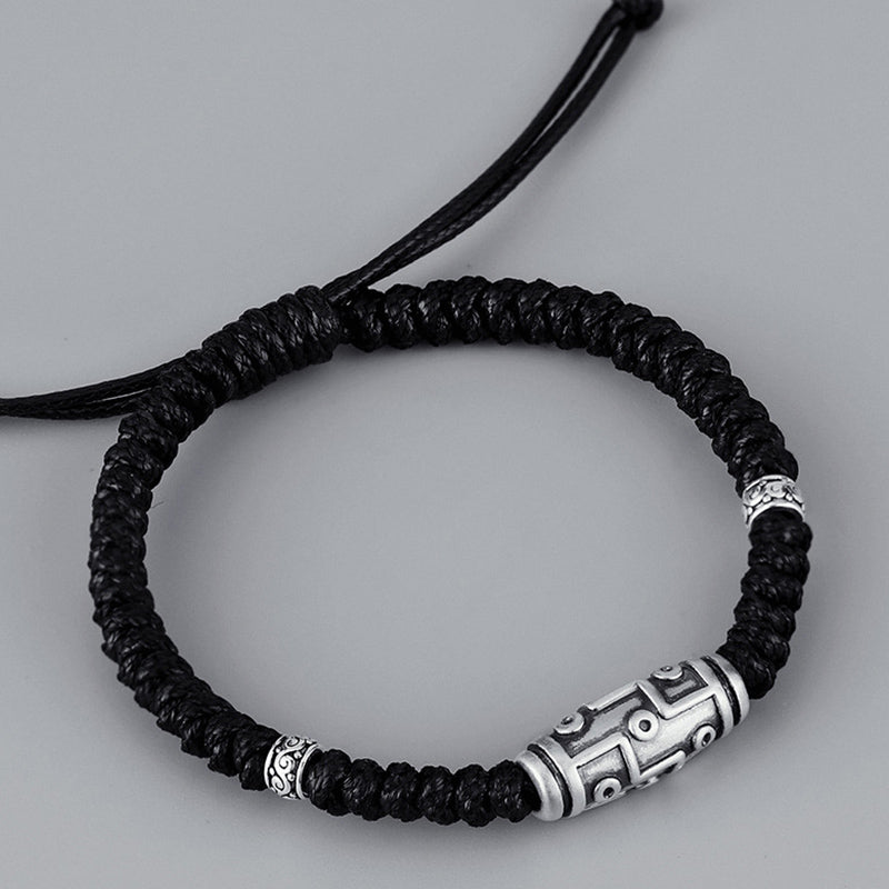 Fortune Jewel 999 Sterling Silver Nine-Eye Dzi Bead Pattern Blessing Rope Bracelet