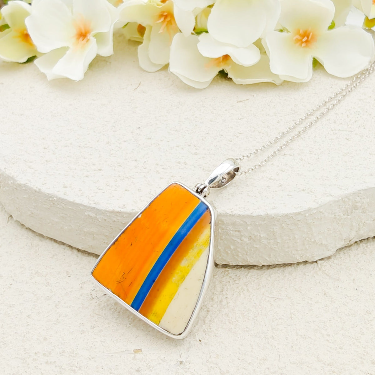 Clarice Cliff Art Deco Necklace | Fantasque Orange, Yellow and Blue Design | Upcycled Sterling Silver Heritage Jewellery