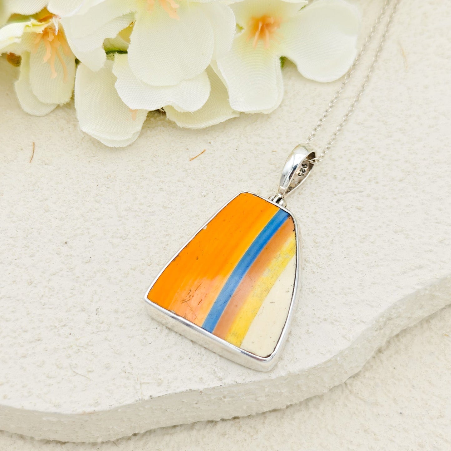 Clarice Cliff Art Deco Necklace | Fantasque Orange, Yellow and Blue Design | Upcycled Sterling Silver Heritage Jewellery