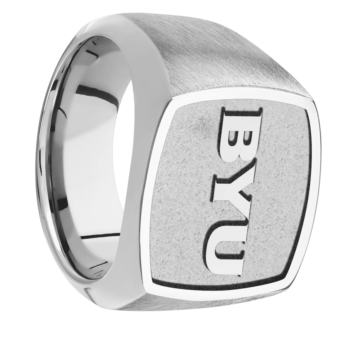 Large Cushion signet ring (18x18mm) in Cobalt Chrome, with a Wide style band, a Cobalt Chrome inlay and a Brigham Young BYU Monogram Rev engraving.