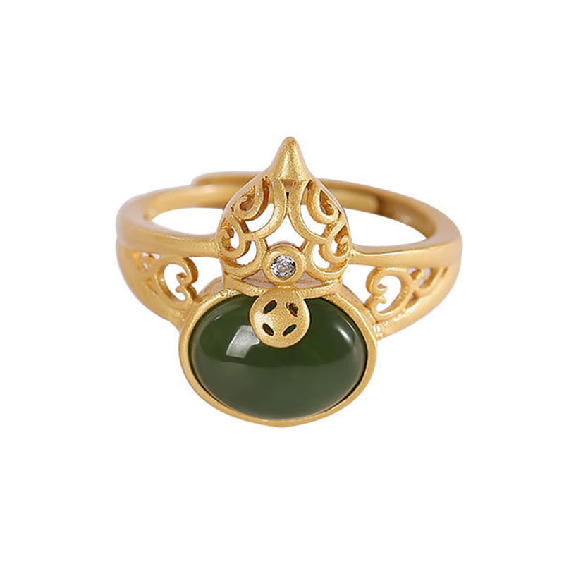 Fortune Jewel Gourd Cyan Jade Copper Coin Success Luck Adjustable Ring