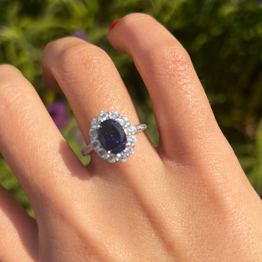 Vintage Oval Cut Halo Design Engagement Ring in Sterling Silver