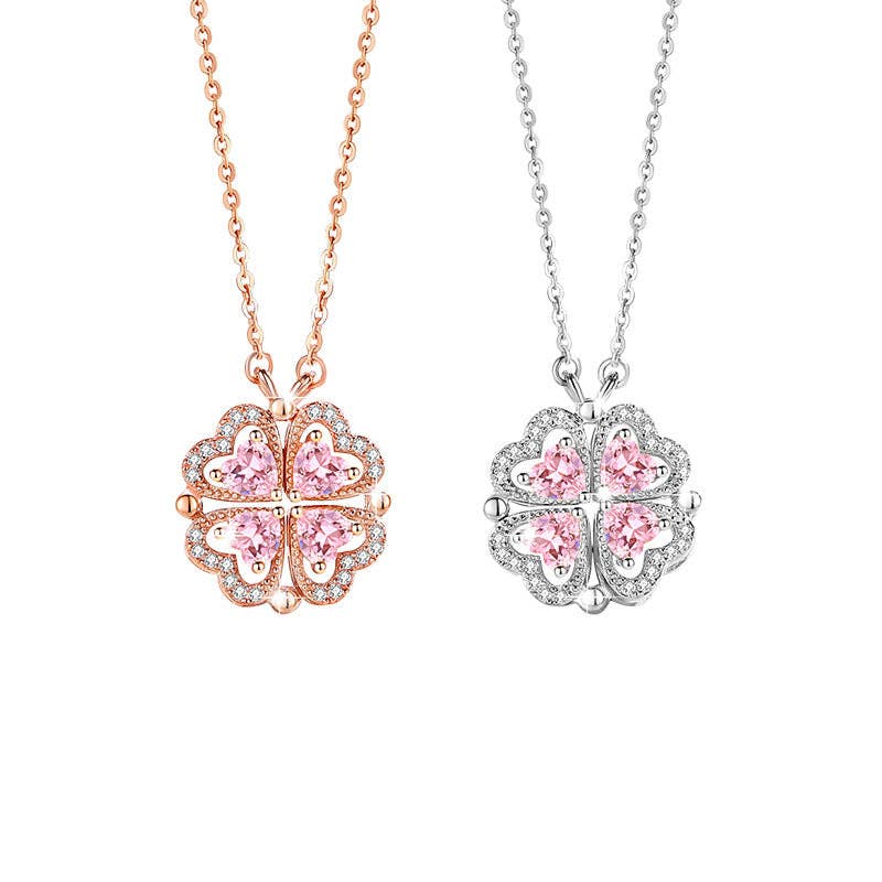 Pink Four Leaf Clover Heart Necklace in 925 Sterling Silver: Rose gold