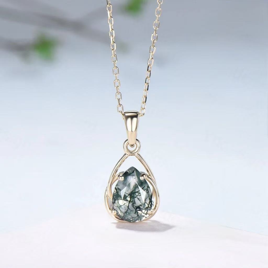 Pear Cut Moss Agate Classic Pendant - 'Millicent'