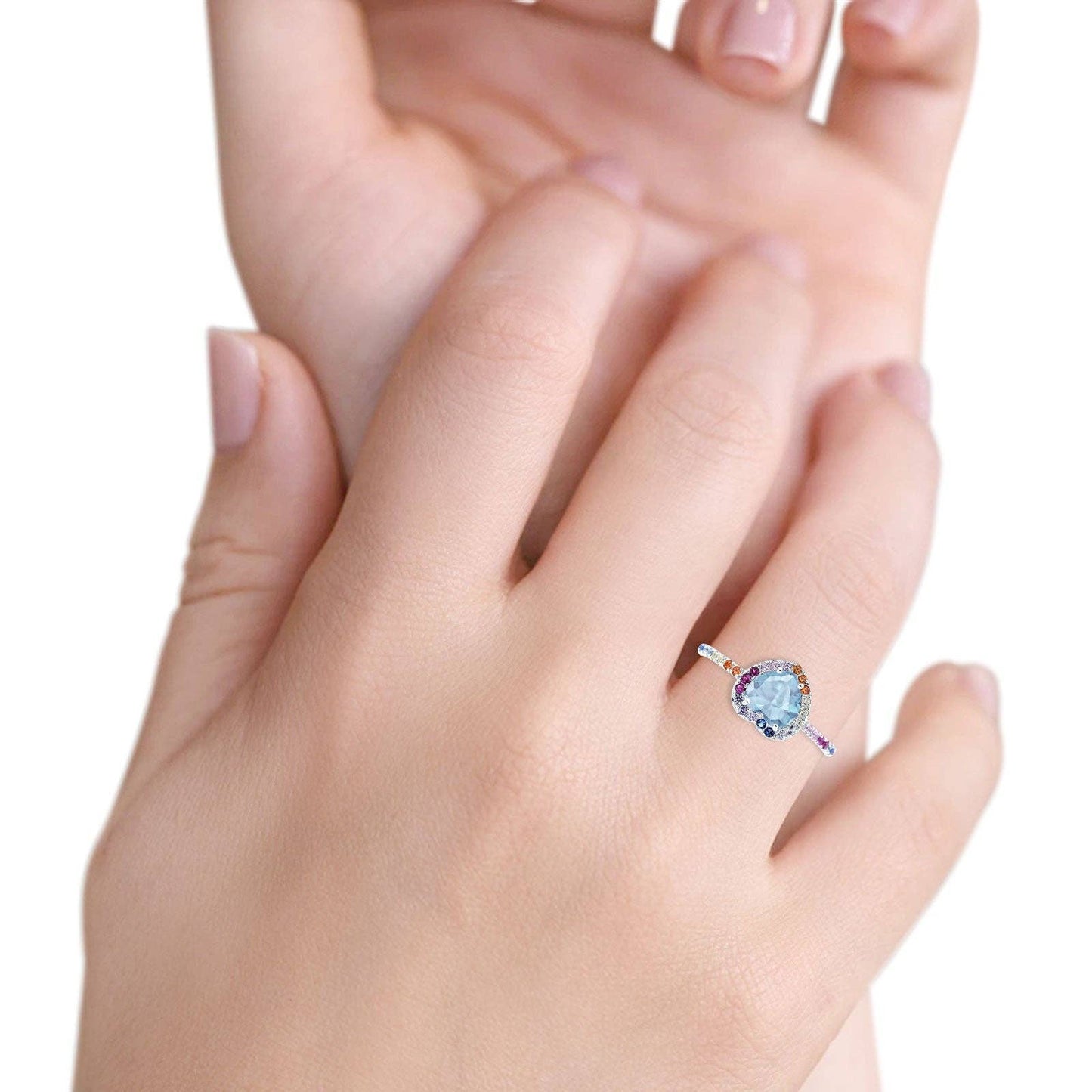 Heart Art Deco Engagement Ring Aquamarine CZ: Aquamarine CZ size p