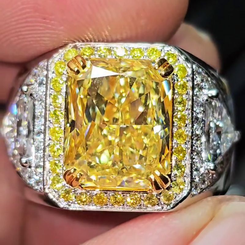 Fancy 7ct Radiant Cut Yellow Sapphire Halo Handmade Men's Ring