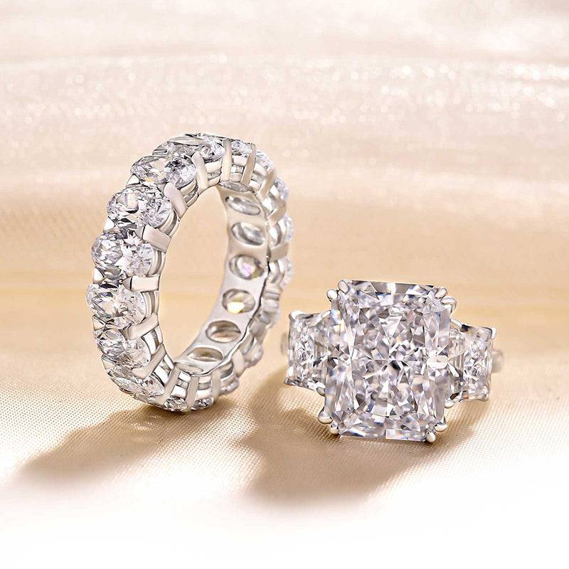 Sumptuous Radiant Cut 8.0ct Three Stone 925 Sterling Silver Wedding Ring Set