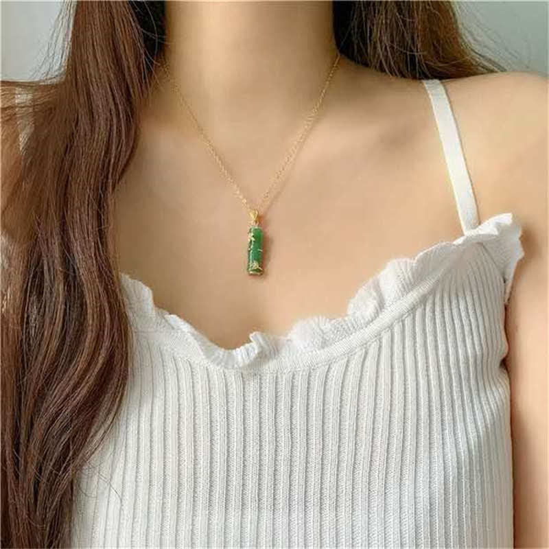 Fortune Jewel White Jade Cyan Jade Bamboo Luck Protection Necklace Pendant