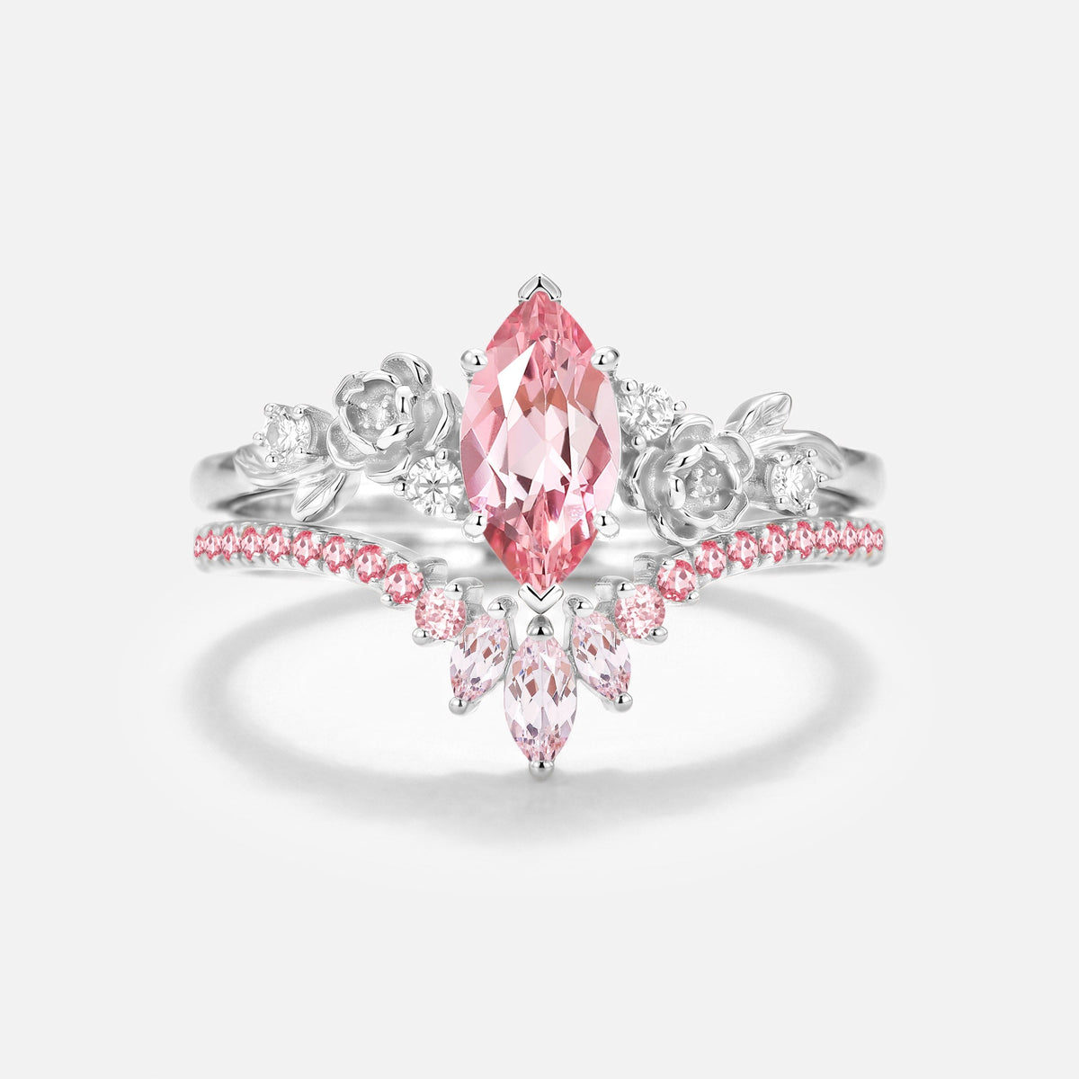 Marquise Cut Lab Pink Sapphire Flower Unique Engagement Ring Set 2pcs - Peony