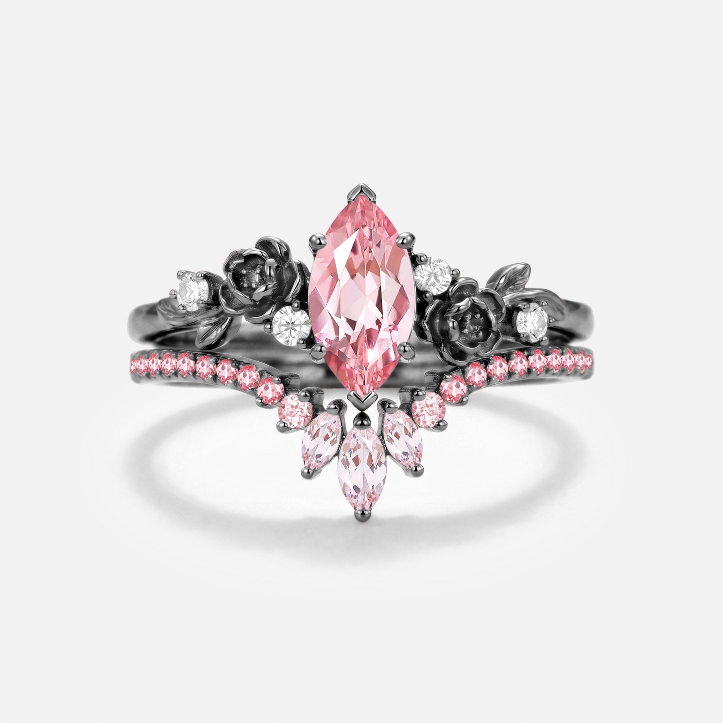Marquise Cut Lab Pink Sapphire Flower Unique Engagement Ring Set 2pcs - Peony