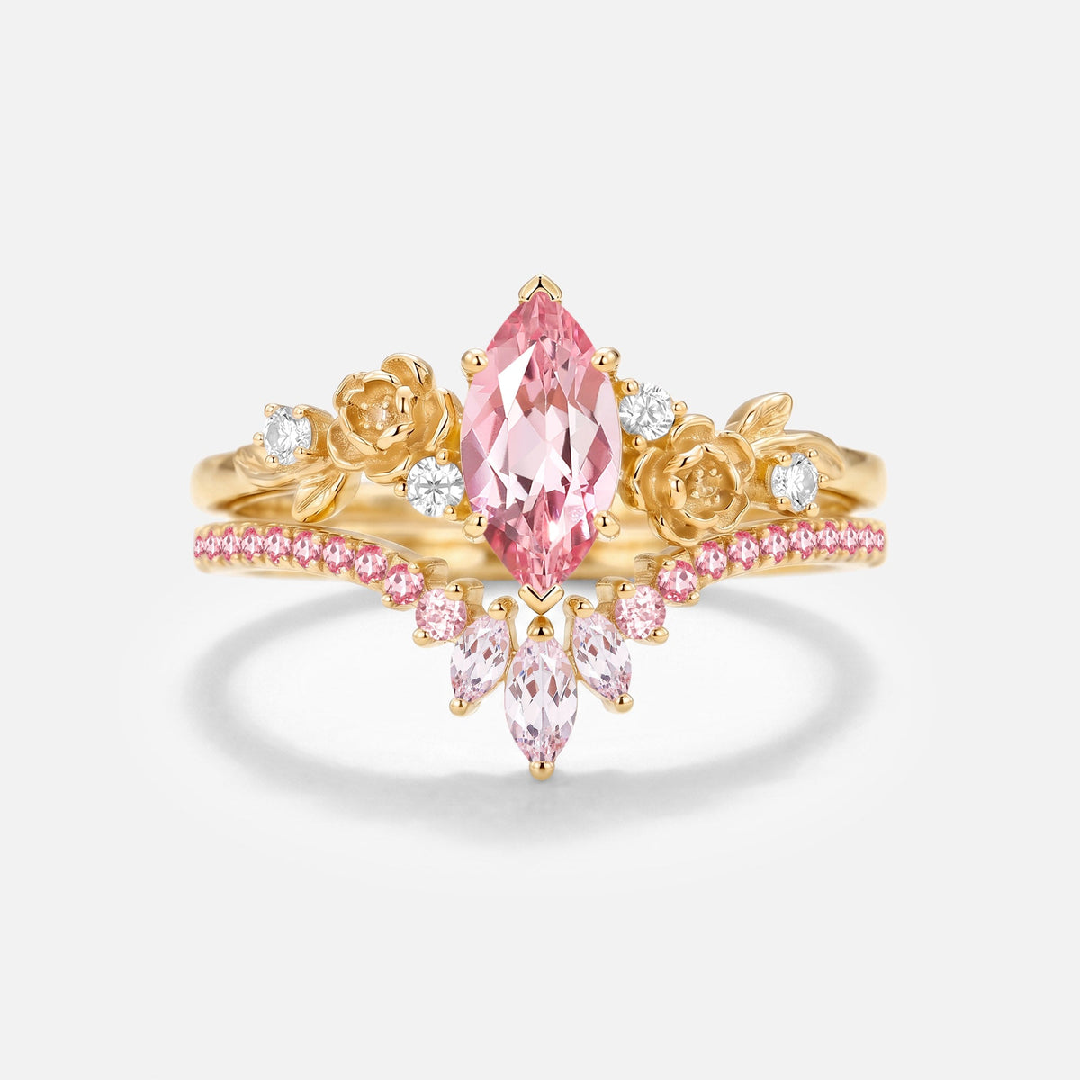 Marquise Cut Lab Pink Sapphire Flower Unique Engagement Ring Set 2pcs - Peony