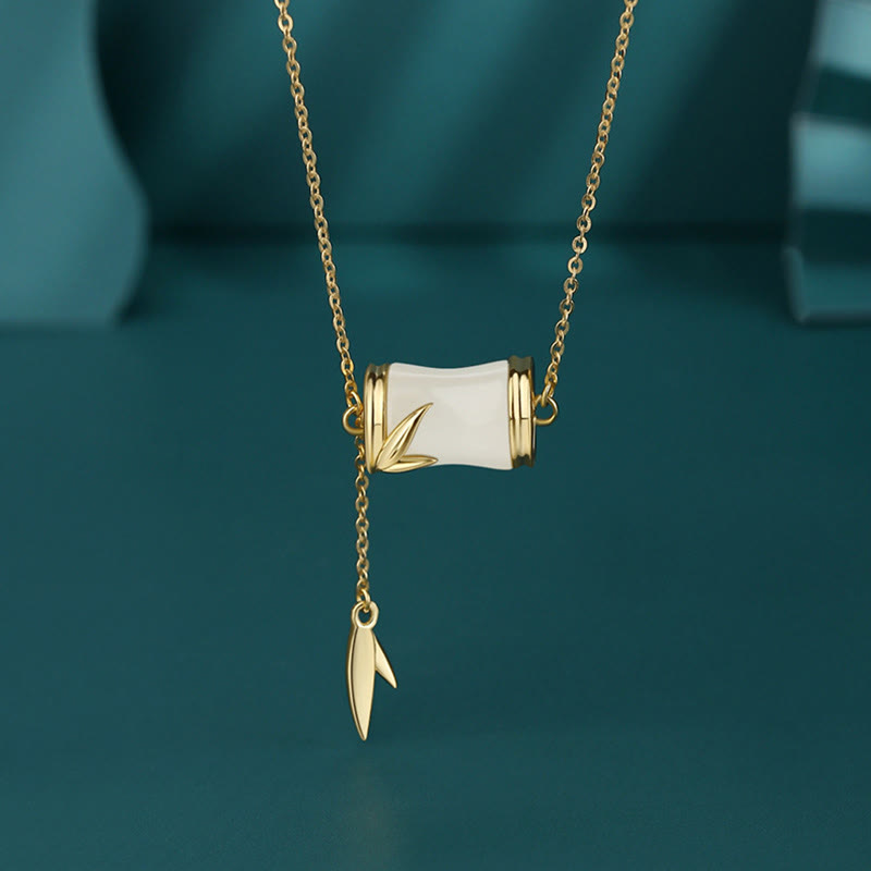 Fortune Jewel 925 Sterling Silver 22K Gold Hetian White Jade Bamboo Leaf Luck Necklace Pendant Bracelet