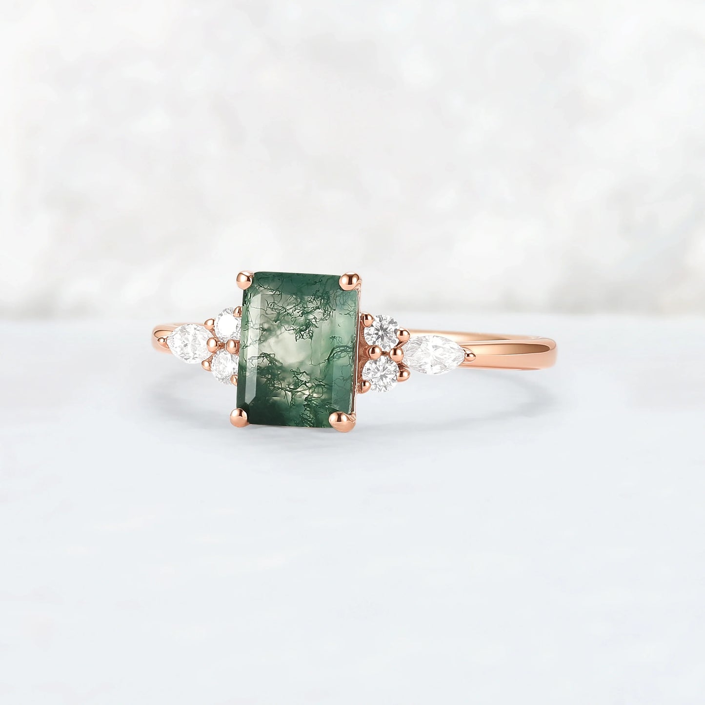 Cluster Emerald Cut Moss Agate Engagement Ring