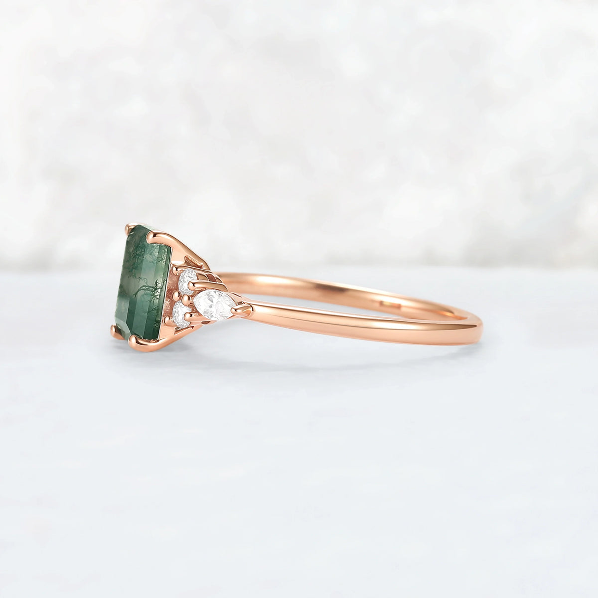 Cluster Emerald Cut Moss Agate Engagement Ring