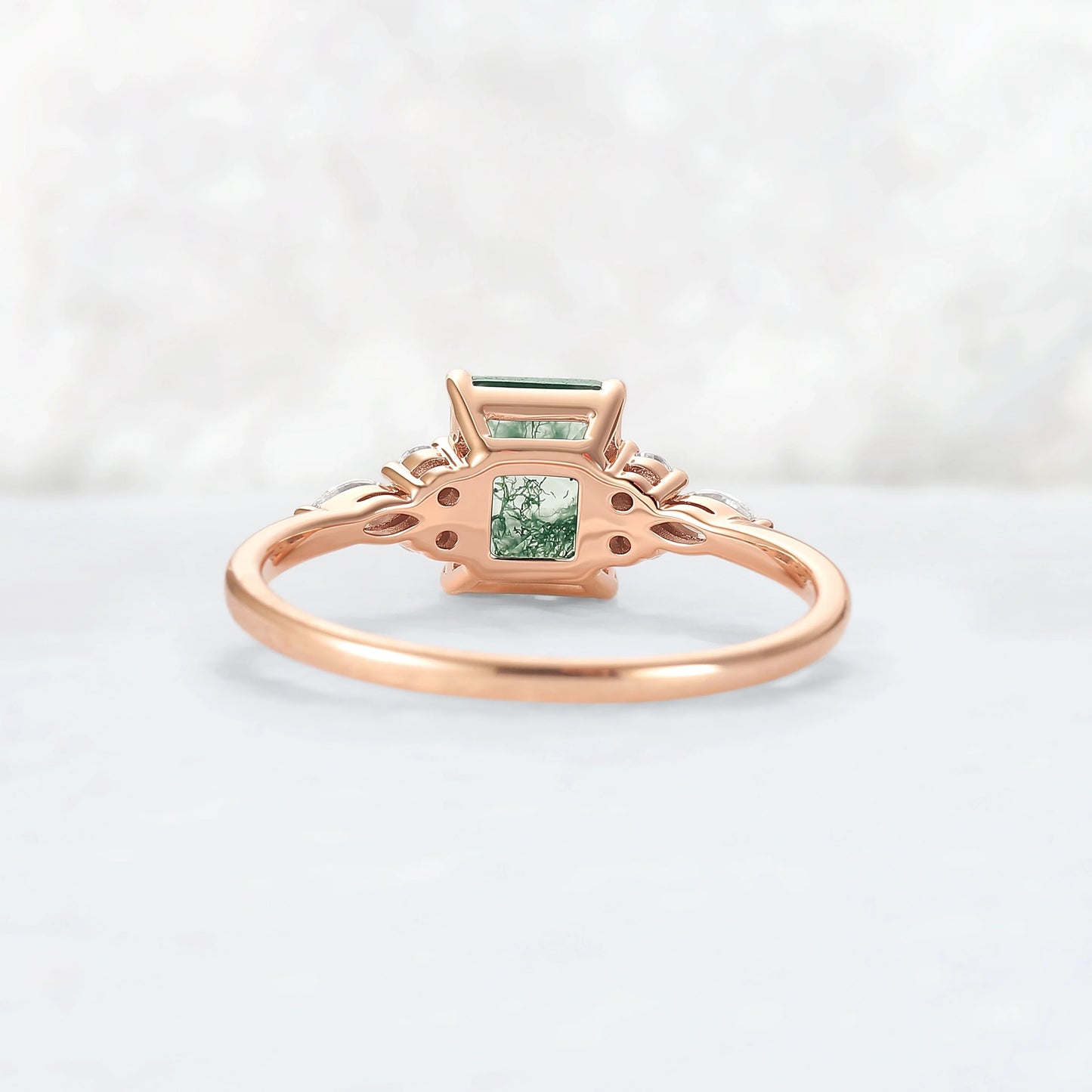 Cluster Emerald Cut Moss Agate Engagement Ring