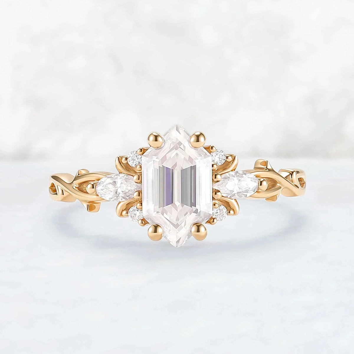 Unique Hexagon Cut Moissanite Vine Gemstone Ring Set 2pcs