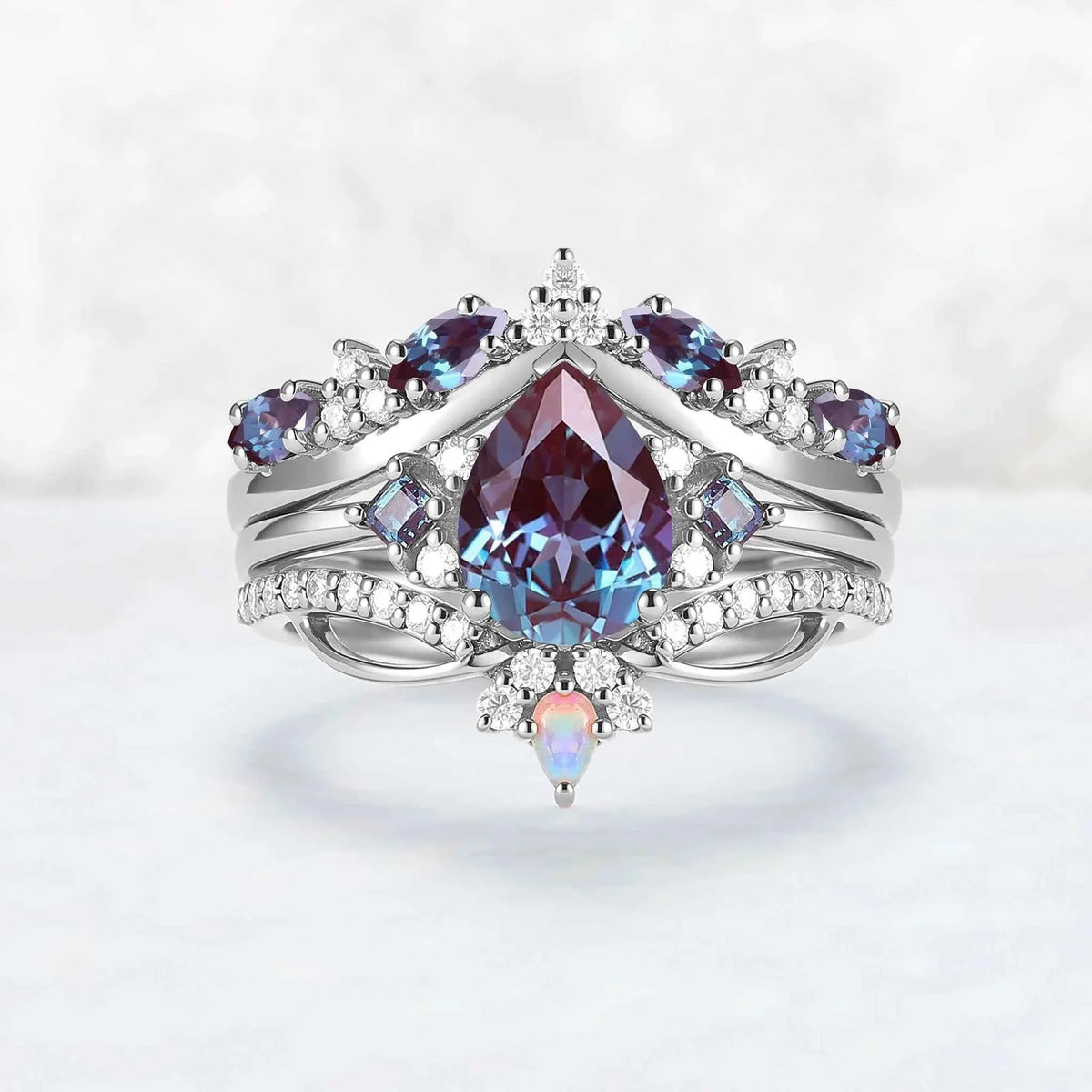 Princess Mononoke Pear Cut Alexandrite Cluster Gemstone Ring Set 3pcs